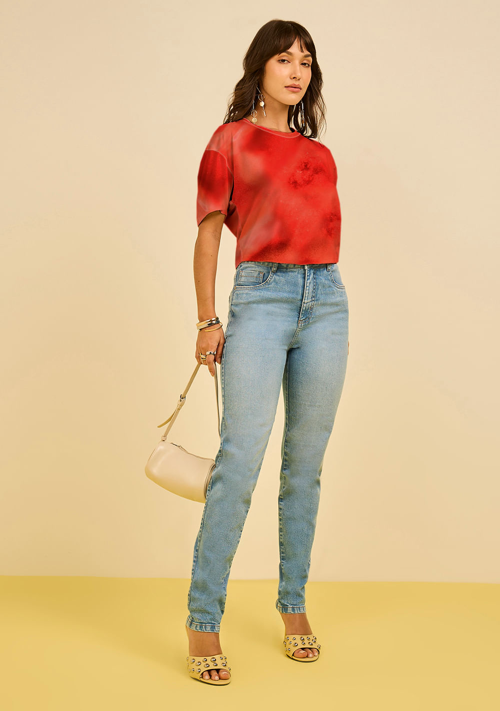 Camiseta Zinco Solta Decote Careca Manga Curta Padrão Vermelho