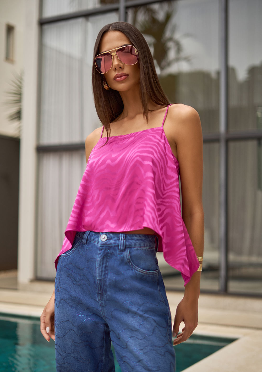 Blusa Zinco Solta Decote Reto Sem Manga Padrão Rosa