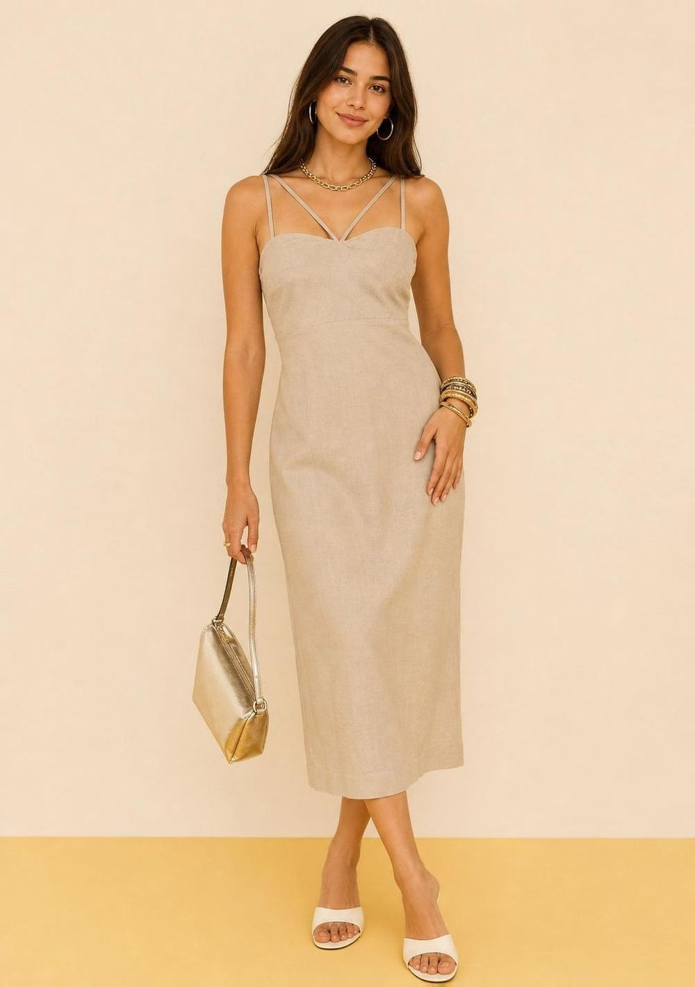 Vestido Zinco Ajustado Decote Reto Com Alça Midi Bege