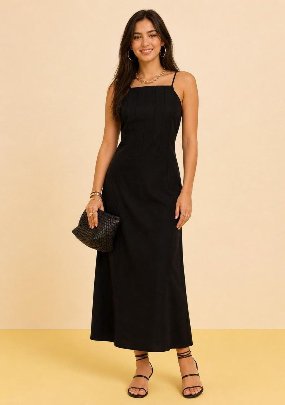 Vestido Zinco Solto Decote Reto Com Alça Longo Preto