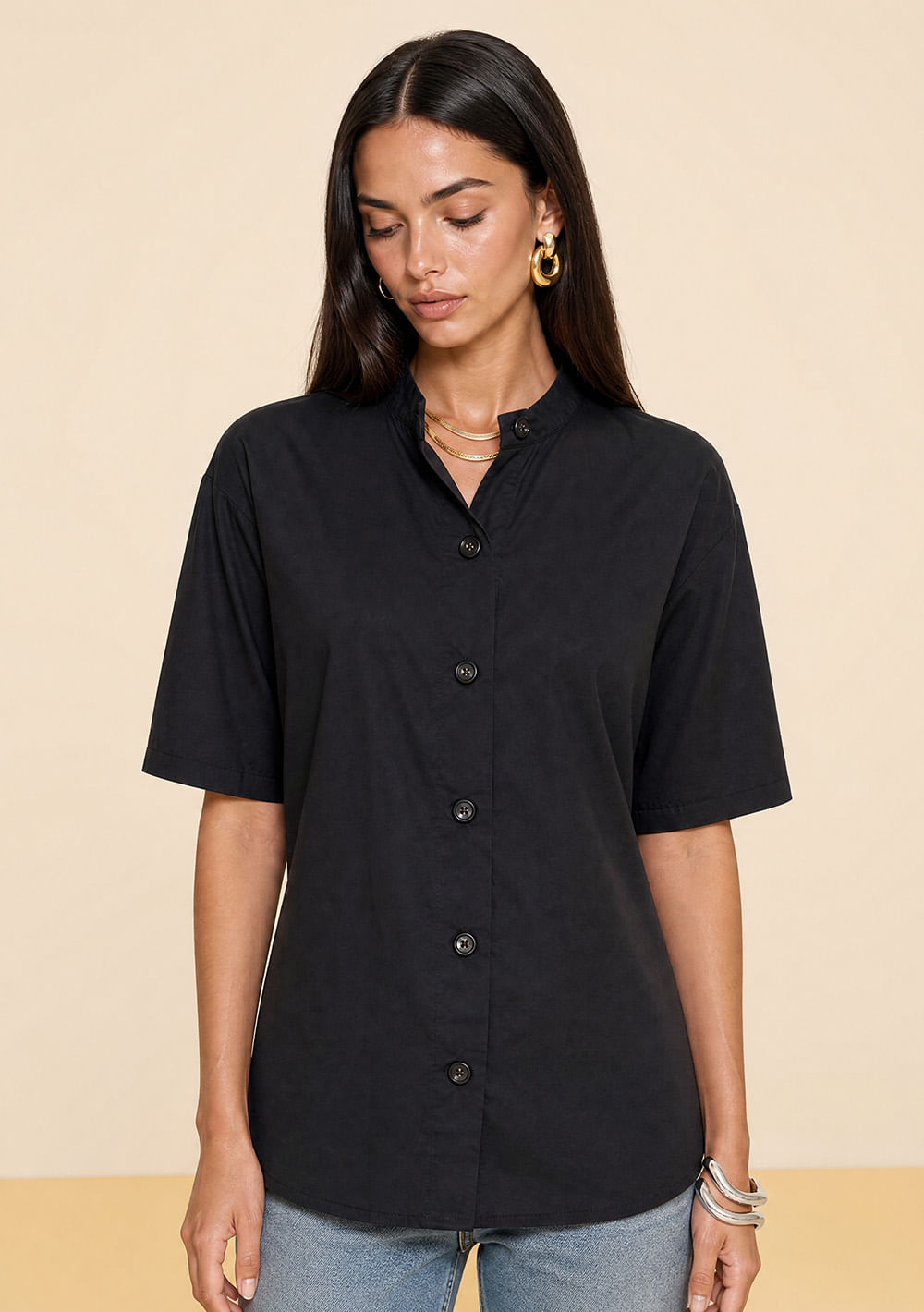 Camisa Zinco Ajustada Decote Careca Manga Curta Padrão Preto