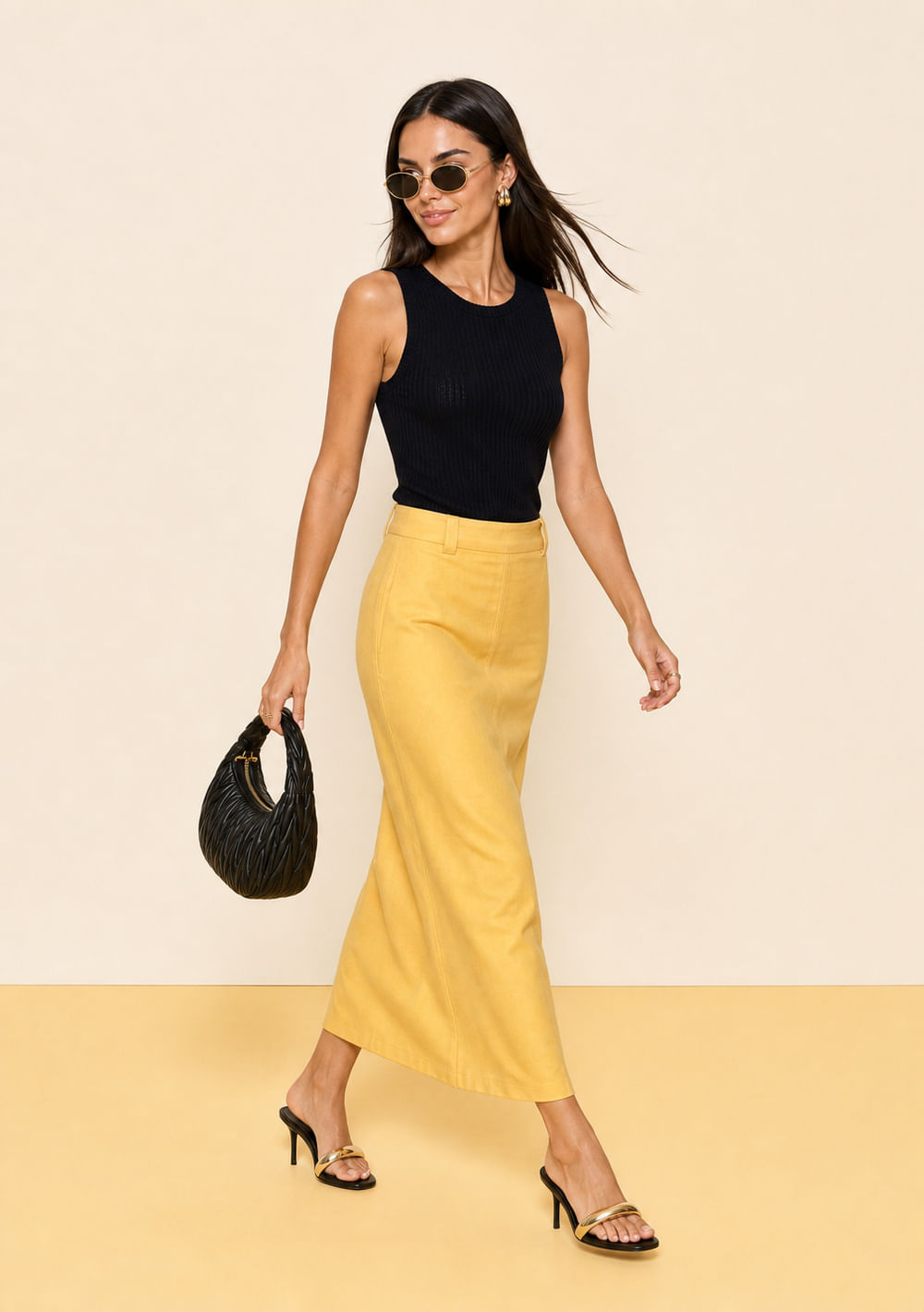 Saia Zinco Reta Alta Midi Amarelo