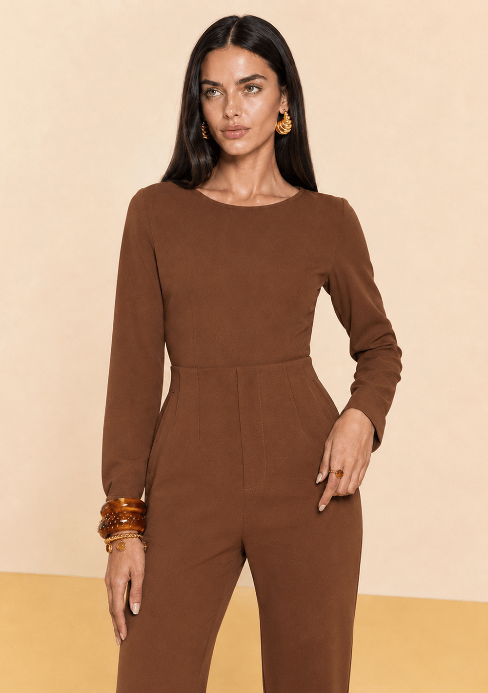 Body Zinco Decote Canoa Manga Longa Marrom